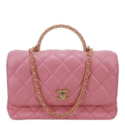 CHANEL Top Handle Quilted Lambskin Leather Wallet On Chain Shoulder Bag Pink