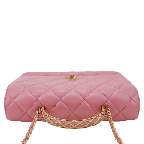 CHANEL Top Handle Quilted Lambskin Leather Wallet On Chain Shoulder Bag Pink