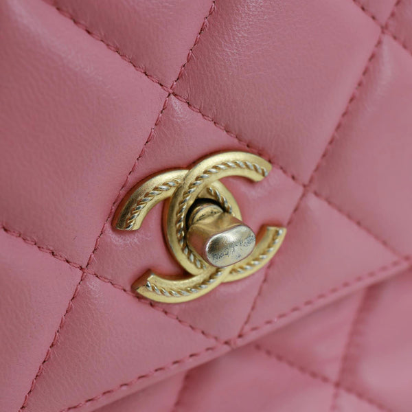 CHANEL Top Handle Quilted Lambskin Leather Wallet On Chain Shoulder Bag Pink