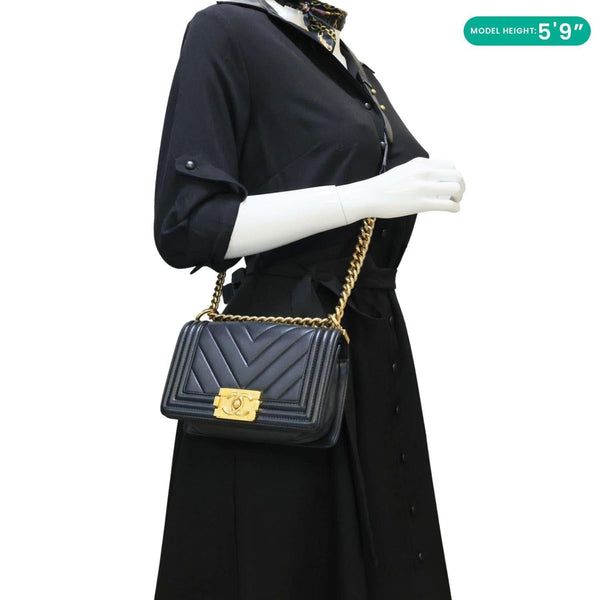 CHANEL Boy Flap Small Chevron Leather Shoulder Bag Black