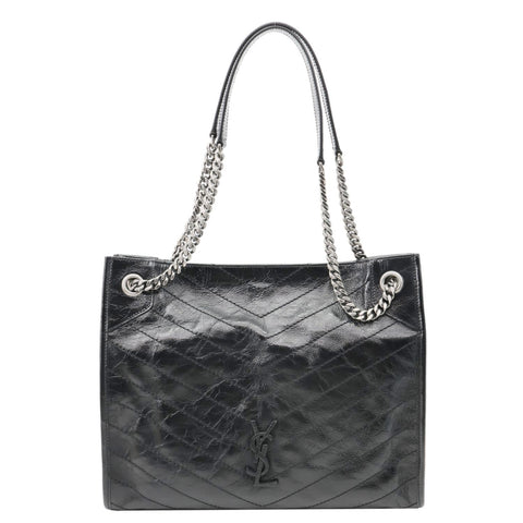 YVES SAINT LAURENT Niki Medium Crinkled Leather Shopping Tote Bag Black