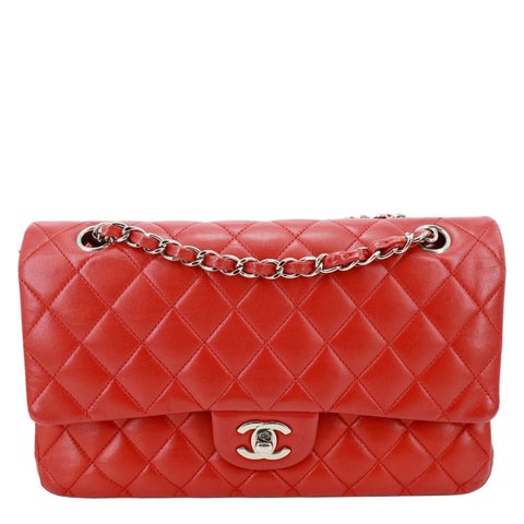 CHANEL Classic Double Flap Medium Quilted Lambskin Leather Shoulder Bag Red