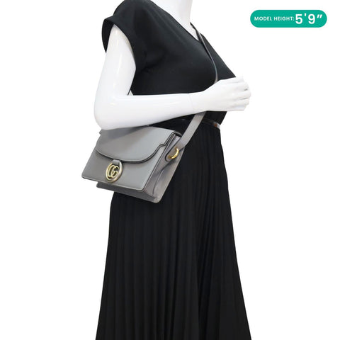 GUCCI GG Ring Leather Shoulder Bag Light Grey 589474