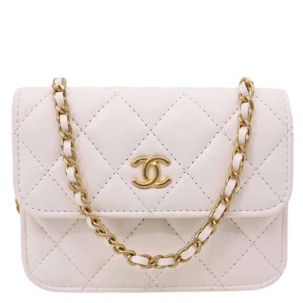 CHANEL Pearl Crush Flap Quilted Lambskin Leather Clutch With Chain White
