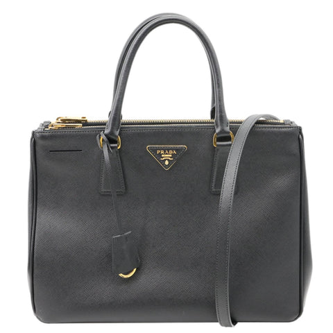PRADA Galleria Double Zip Saffiano Leather Top Handle Shoulder Bag Black
