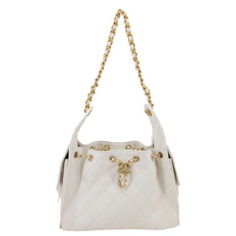 CHANEL 25 Small Quilted Caviar Leather Shoulder Bag White