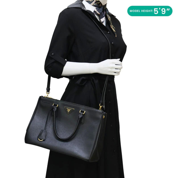 PRADA Galleria Double Zip Saffiano Leather Top Handle Shoulder Bag Black