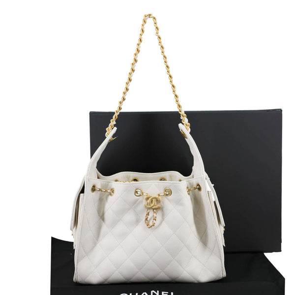 CHANEL 25 Small Quilted Caviar Leather Shoulder Bag White