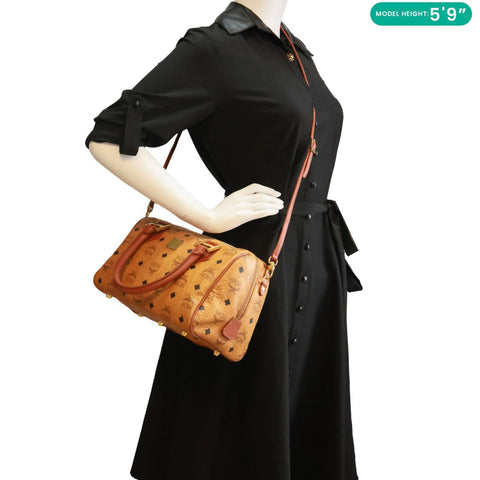MCM Monogram Visetos Canvas Boston Bag Cognac