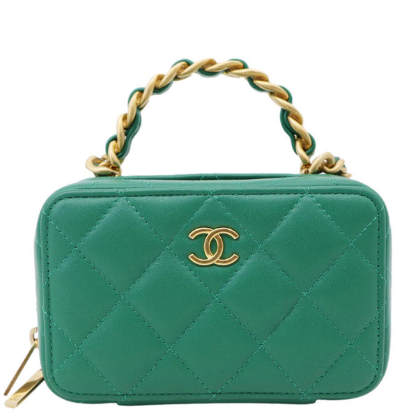 CHANEL Tea Afternoon Quilted Leather Chain Top Handle Vanity Case Green