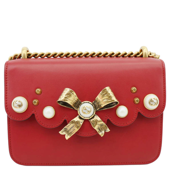 GUCCI Pearly Peony Leather Chain Shoulder Bag Red 432281