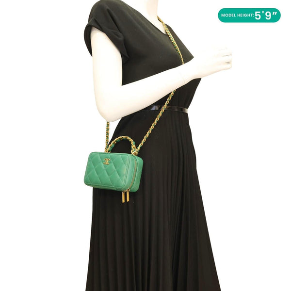 CHANEL Tea Afternoon Quilted Leather Chain Top Handle Vanity Case Green
