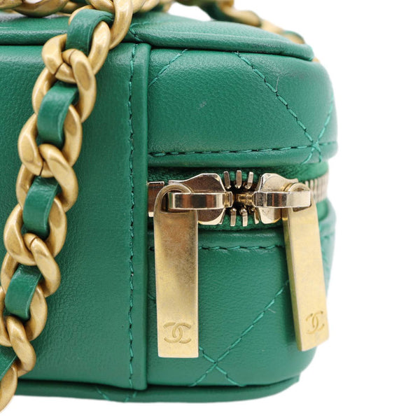 CHANEL Tea Afternoon Quilted Leather Chain Top Handle Vanity Case Green