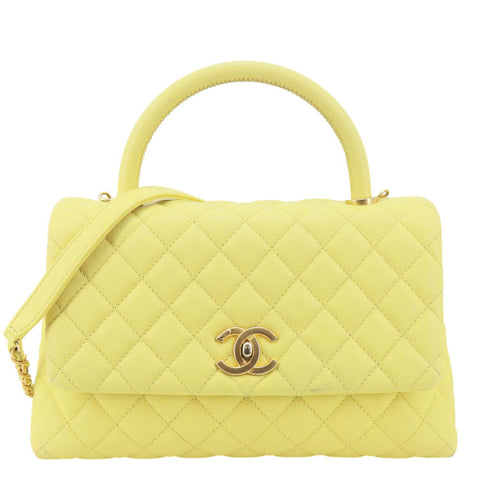 CHANEL Coco Handle Flap Quilted Caviar Leather Crossbody Bag Light Yellow