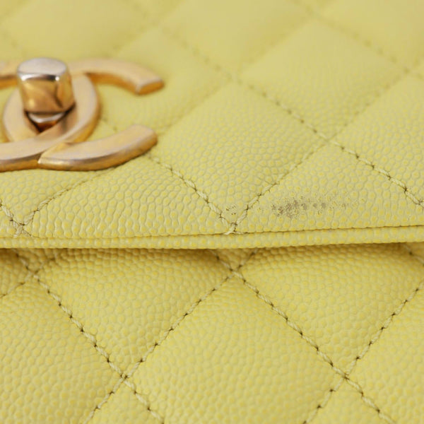CHANEL Coco Handle Flap Quilted Caviar Leather Crossbody Bag Light Yellow