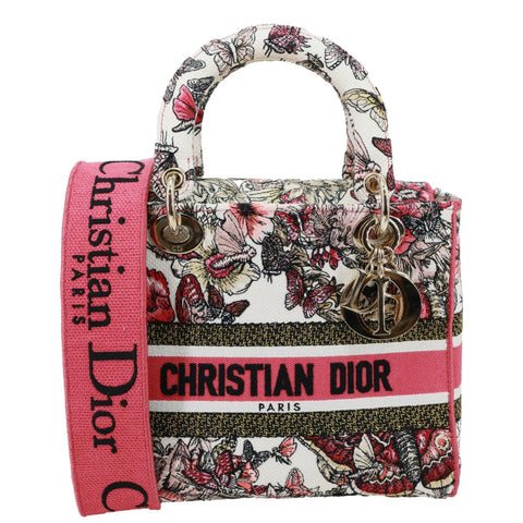 CHRISTIAN DIOR Lady D-Lite Medium Embroidered Butterfly Canvas Shoulder Bag Multicolor
