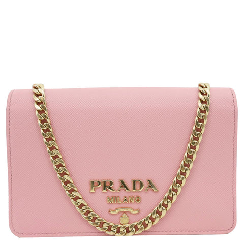 PRADA Chain Flap Saffiano Leather Crossbody Bag Pink