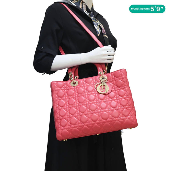 CHRISTIAN DIOR Lady Dior Large Quilted Lambskin Leather Shoulder Bag Pink