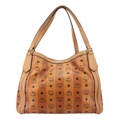 MCM Visetos Canvas Monogram Shopper Tote Bag Cognac