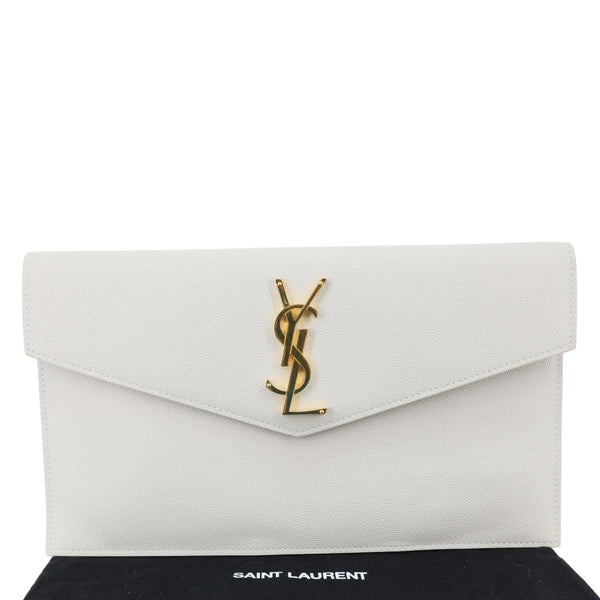 YVES SAINT LAURENT Uptown Calfskin Grain De Poudre Pouch Off White