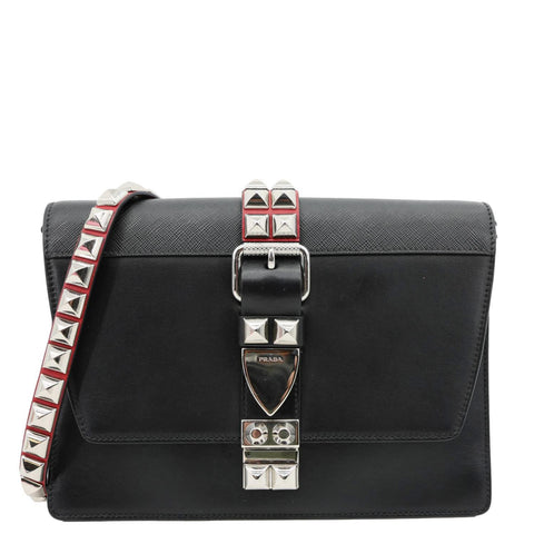 PRADA Studded Elektra Saffiano Leather Crossbody Bag Black