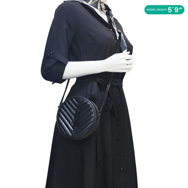 YVES SAINT LAURENT Round Chevron Leather Camera Crossbody Bag Black