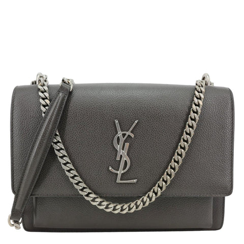 YVES SAINT LAURENT Sunset Medium Grain De Poudre Leather Shoulder Bag Gray