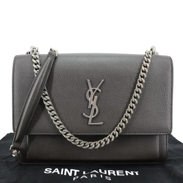 YVES SAINT LAURENT Sunset Medium Grain De Poudre Leather Shoulder Bag Gray