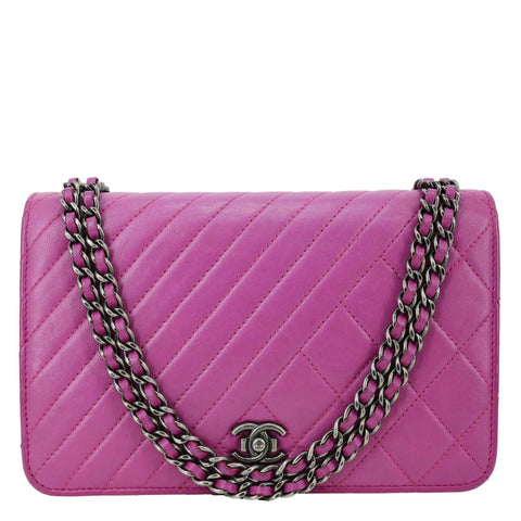 CHANEL Coco Boy Quilted Calfskin Leather Wallet On Chain Crossbody Bag Purple