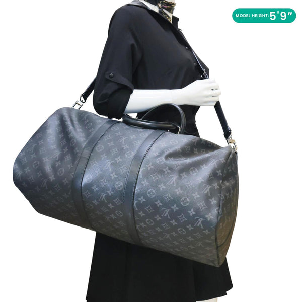 LOUIS VUITTON Keepall 55 Bandouliere Monogram Eclipse Travel Bag Black