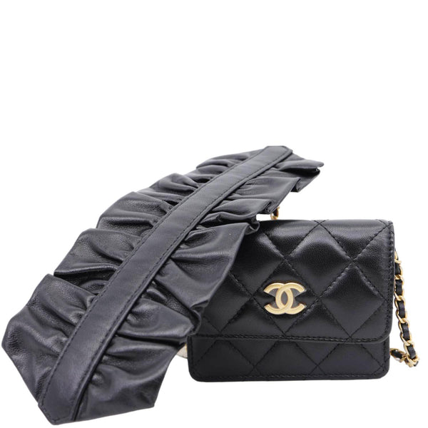 CHANEL Romance Quilted Lambskin Leather Clutch With Chain Black