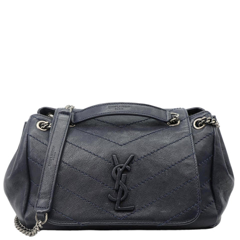 YVES SAINT LAURENT Vintage Monogram Nolita Chevron Leather Shoulder Bag Navy Blue