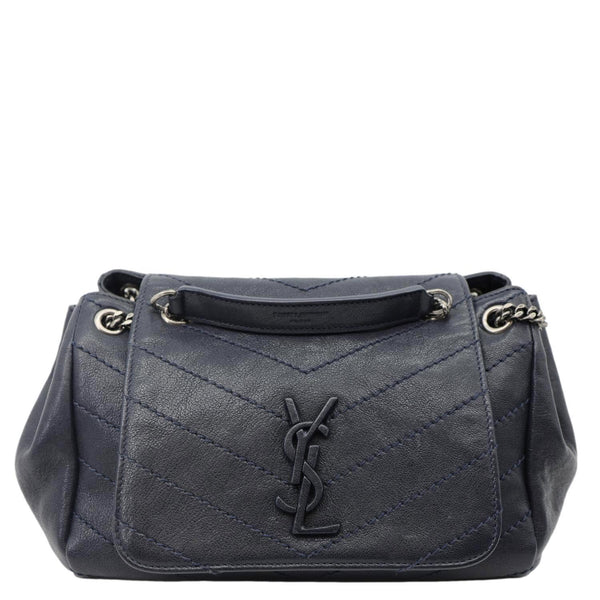 YVES SAINT LAURENT Vintage Monogram Nolita Chevron Leather Shoulder Bag Navy Blue