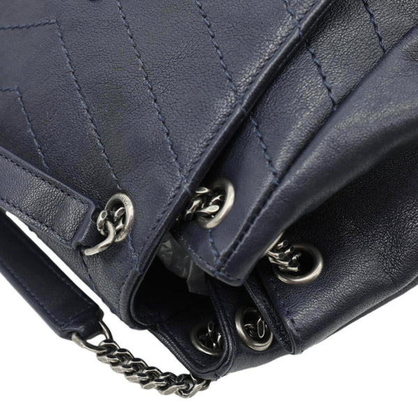 YVES SAINT LAURENT Vintage Monogram Nolita Chevron Leather Shoulder Bag Navy Blue