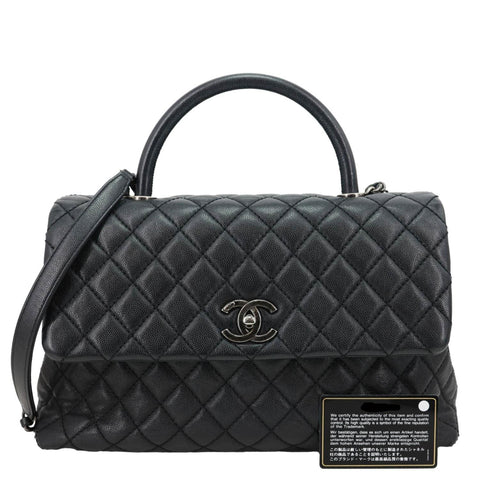 CHANEL Coco Flap Medium Quilted Caviar Leather Top Handle Shoulder Bag Black