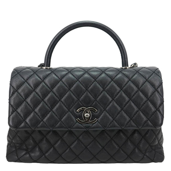 CHANEL Coco Flap Medium Quilted Caviar Leather Top Handle Shoulder Bag Black