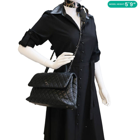 CHANEL Coco Flap Medium Quilted Caviar Leather Top Handle Shoulder Bag Black