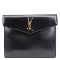 YVES SAINT LAURENT Uptown Envelope Smooth Shiny Calfskin Leather Pouch Black