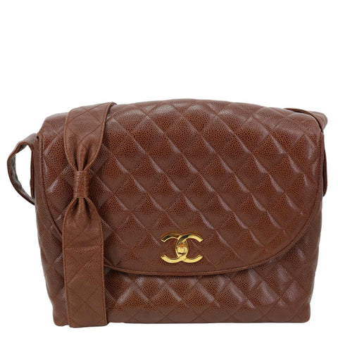 CHANEL Vintage Flap Quilted Caviar Leather Shoulder Bag Brown