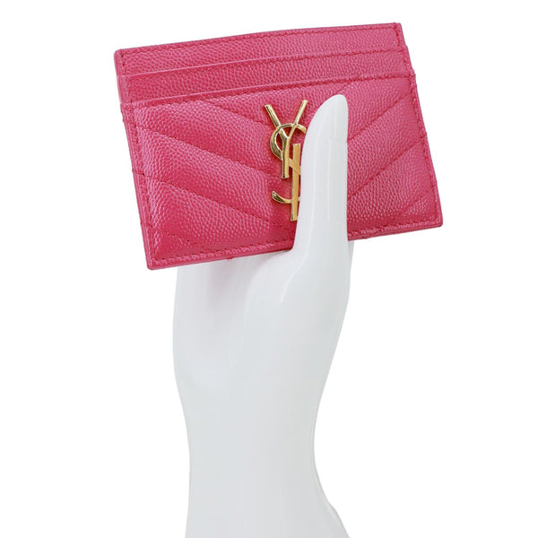 YVES SAINT LAURENT Cassandre Monogram Grain De Poudre Leather Card Holder Pink