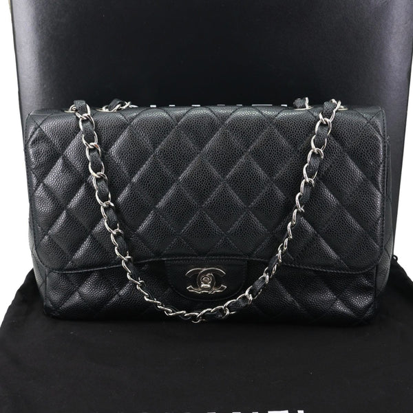 CHANEL Jumbo Classic Single Flap Quilted Caviar Leather Shoulder Bag Black