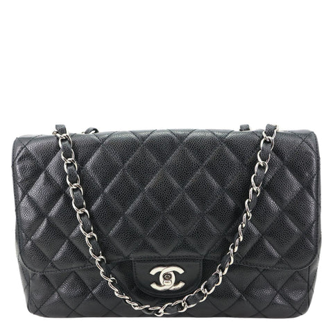 CHANEL Jumbo Classic Single Flap Quilted Caviar Leather Shoulder Bag Black