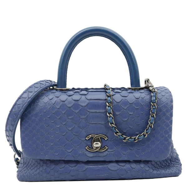CHANEL Coco Handle Flap Python Leather Shoulder Bag Blue