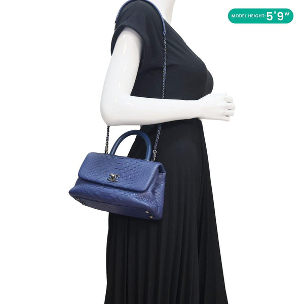 CHANEL Coco Handle Flap Python Leather Shoulder Bag Blue