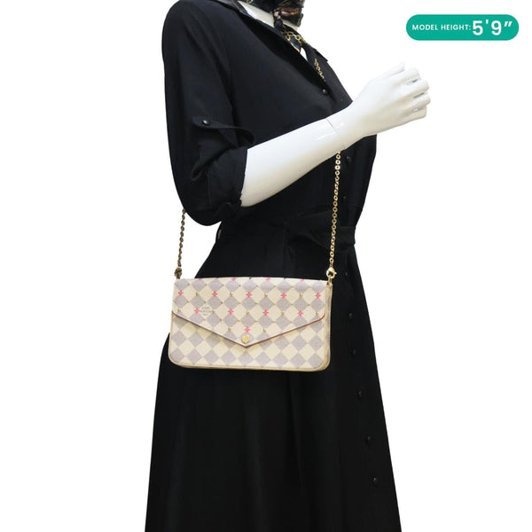 LOUIS VUITTON Studded Pochette Felicie Damier Azur Crossbody Bag Fuchsia