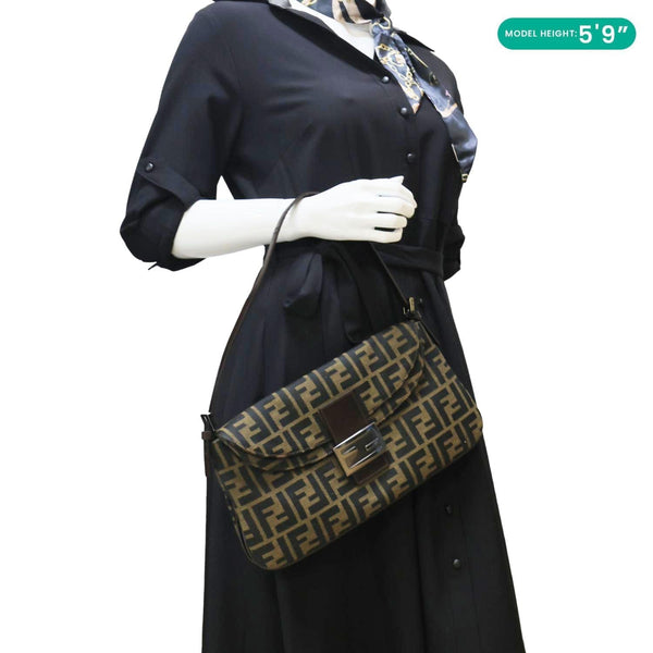 FENDI Baguette Mama Double Flap Zucca FF Canvas Shoulder Bag Brown
