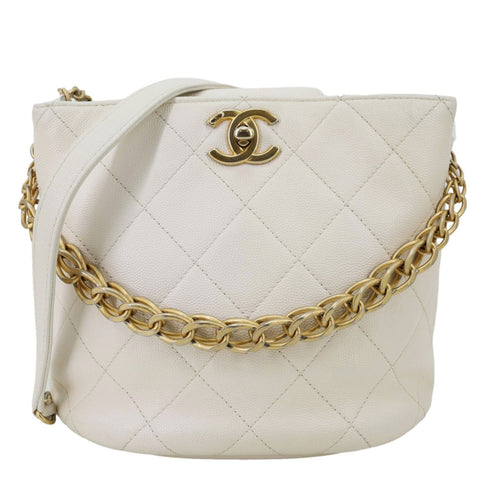 CHANEL Quilted Caviar Leather Bucket Hobo Bag White