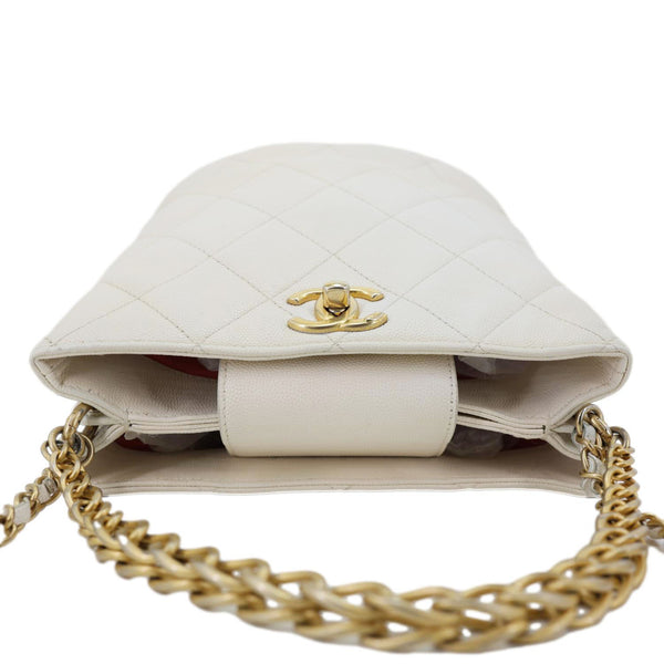 CHANEL Quilted Caviar Leather Bucket Hobo Bag White