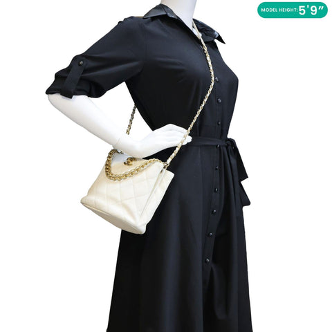 CHANEL Quilted Caviar Leather Bucket Hobo Bag White