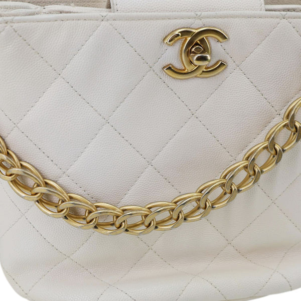 CHANEL Quilted Caviar Leather Bucket Hobo Bag White